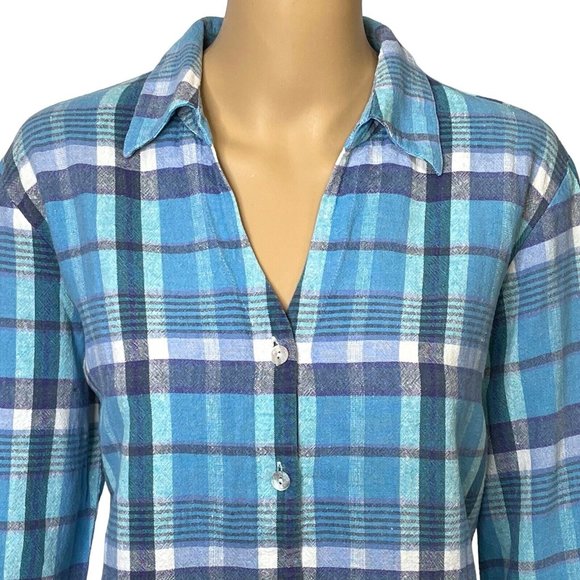 Jordan Womens XL Linen Blend Blue Plaid 3/4 Sleeve Button Up V-Neck Blouse Shirt - Picture 2 of 9